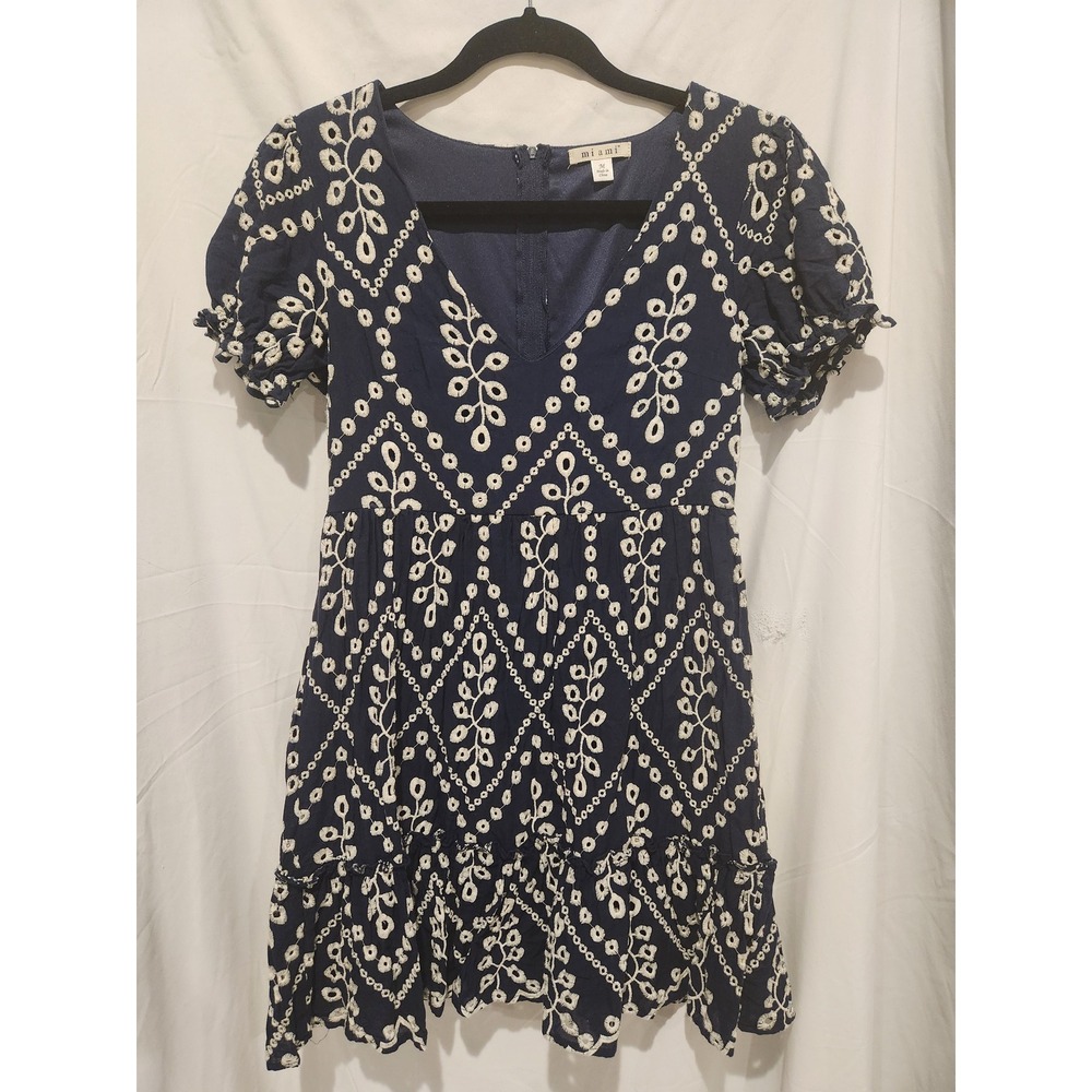Miami Kayda Navy Blue Embroidered Cotton V-Neck Mini Dress M Boho Puff Sleeve